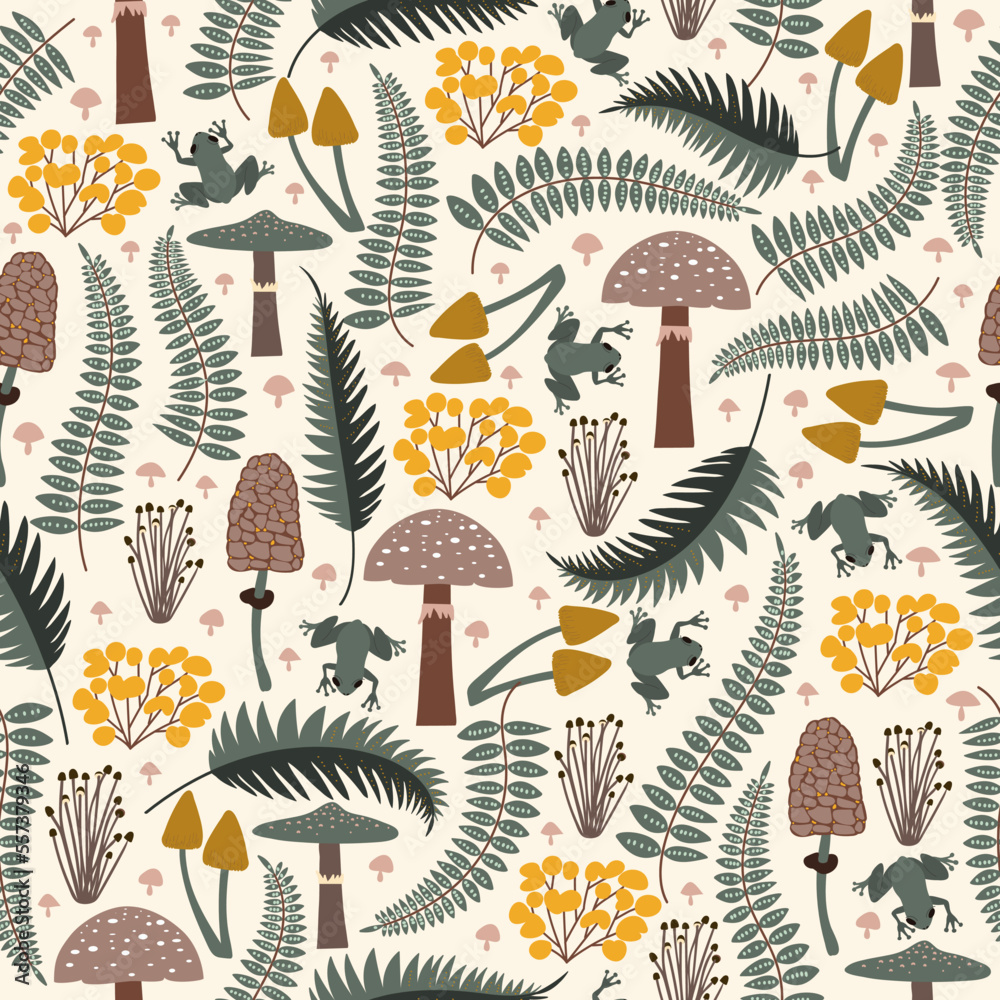  Seamless pattern in delicate green, yellow colors. Nature, forest, trees, flowers, frog, toad, mushrooms, light background. Hand drawn, vector
