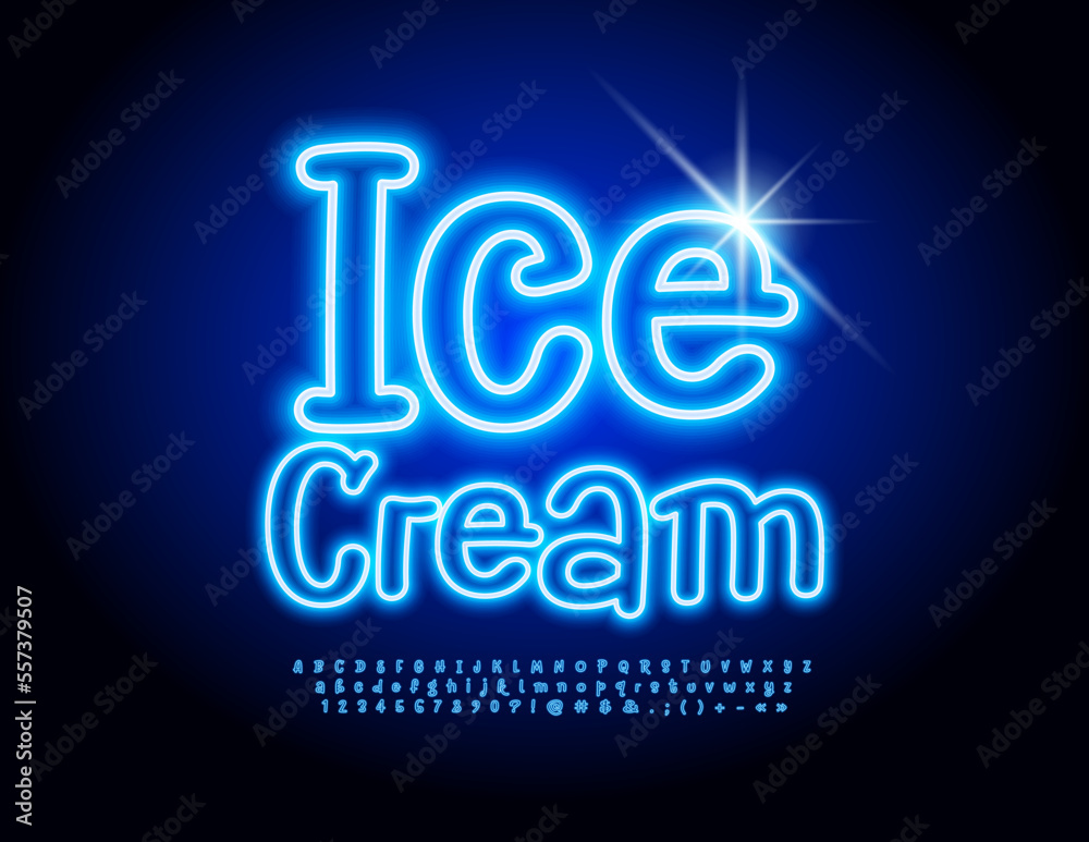 Vector Playful emblem Ice Cream. Funny Neon Font. Blue Glowing Alphabet Letters and Numbers Vector Playful emblem Ice Cream. Funny Neon Font. Blue Glowing Alphabet Letters and Numbers