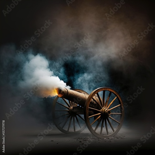 Print op canvas Cannon fires in a blast of flame and smoke.