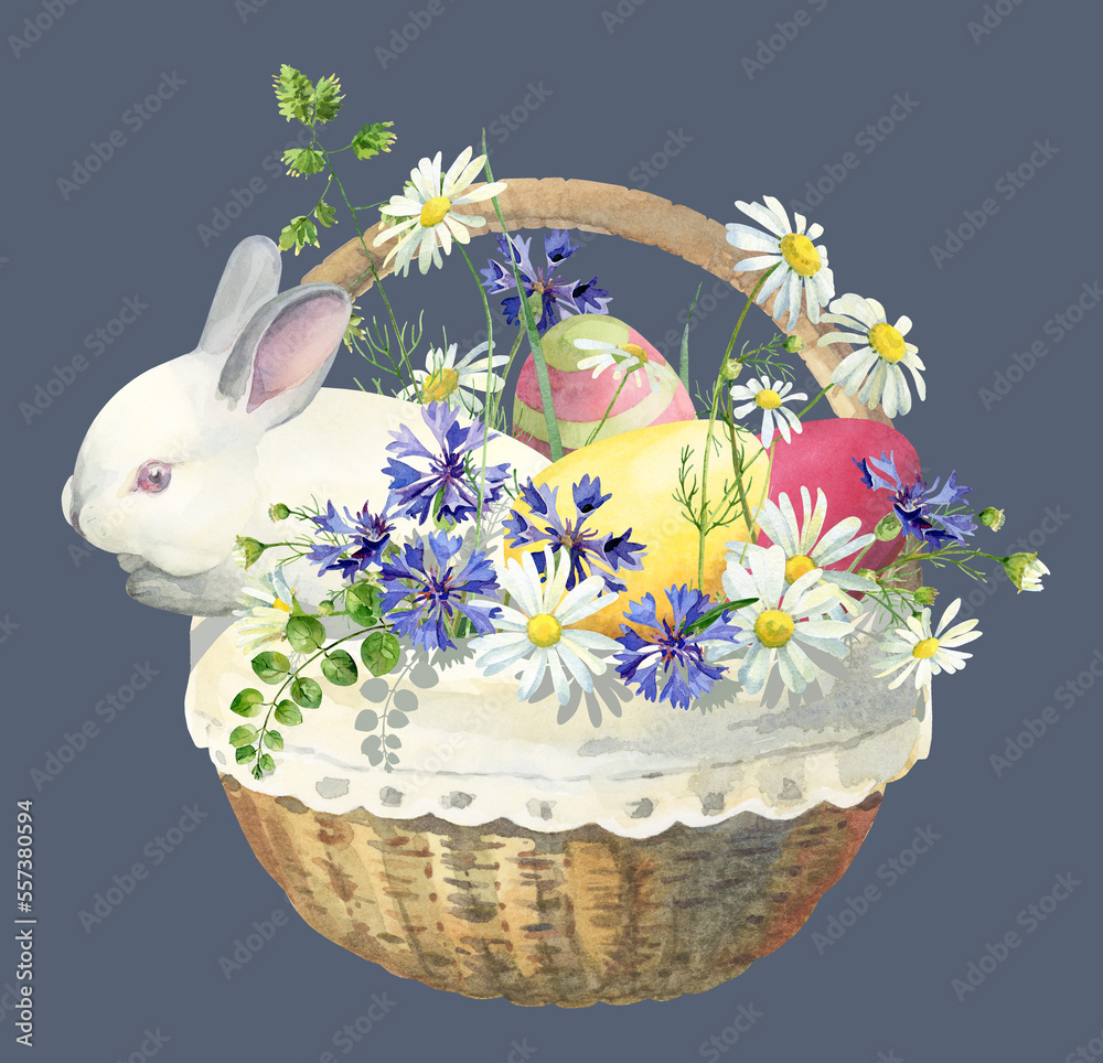 Fotografie Watercolor Easter Bunny with Easter eggs, flowers in a basket