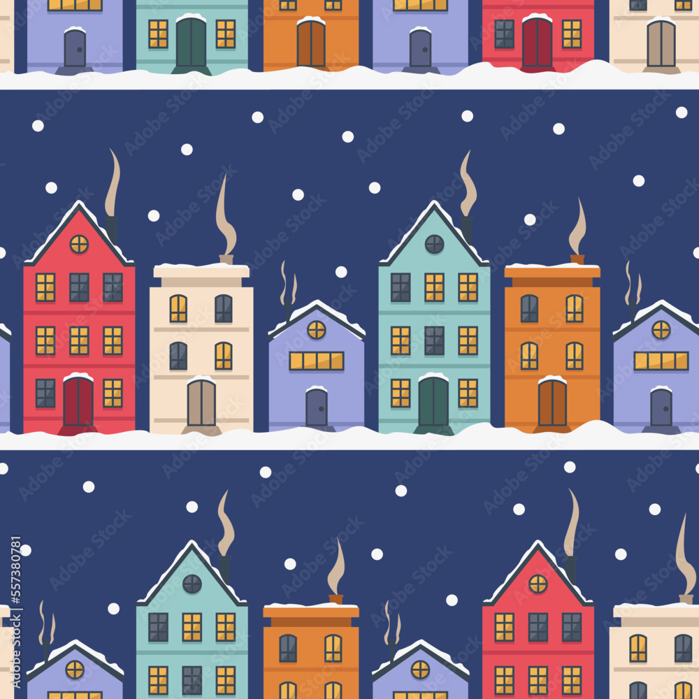 Winter evening seamless pattern. Night or evening, cute houses, snow. There is smoke coming from the chimneys. Vector graphic.	