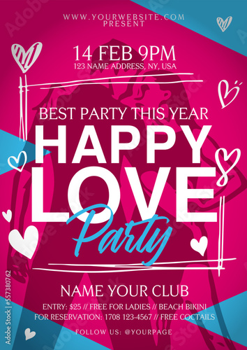 Happy Love Party Poster in pink and blue colors with a silhouette of lovers and flying hearts