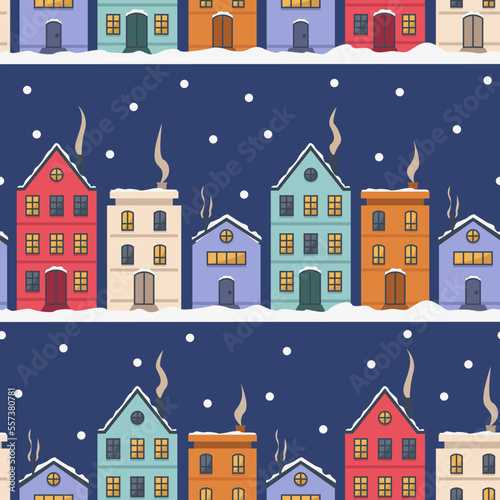 Winter evening seamless pattern. Night or evening, cute houses, snow. There is smoke coming from the chimneys. Vector graphic. 
