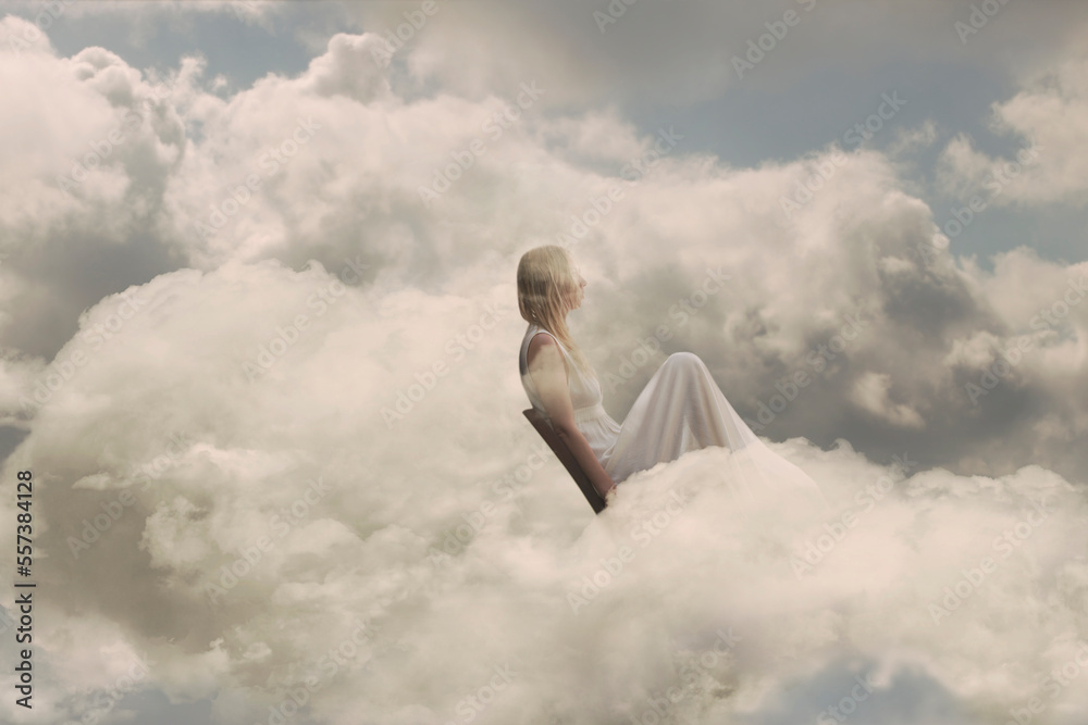 woman rests peacefully sitting inside a cloud, concept of relaxation, dreams, well-being and freedom woman rests peacefully sitting inside a cloud, concept of relaxation, dreams, well-being and freedom