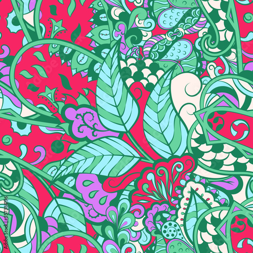 Tracery seamless pattern. Mehndi design. 6 colors. Ethnic doodle texture. Curved doodling background. Vector