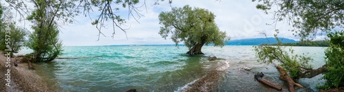 Panoramic view on overflowed Bodensee lake in summer after rain spell, Bregenz, Austria