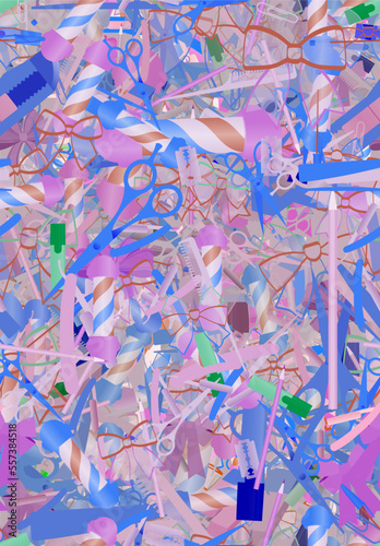 Background pattern abstract design texture. Seamless. Theme is about comb, razor blade, accounting, barber, cutter, dressing, adornment, shaving, ribbons, parlor, hair care, bureaucracy