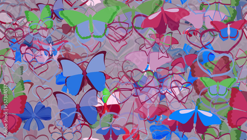 Background pattern abstract design texture. Seamless. Theme is about hearts, Pipevine, love, delicate, vector, beautiful, wildlife, wild, graphic, Red Admiral, ribbons, summer, adornment