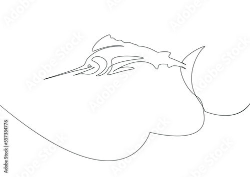 Marlin or swordfish jumping out from the sea wave in the one line art technique. Minimalistic black and white image
