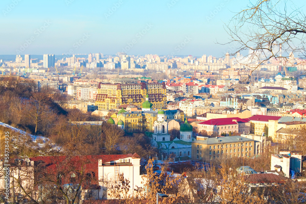 Winter Kyiv cityscape panorama of Podil, Ukraine	