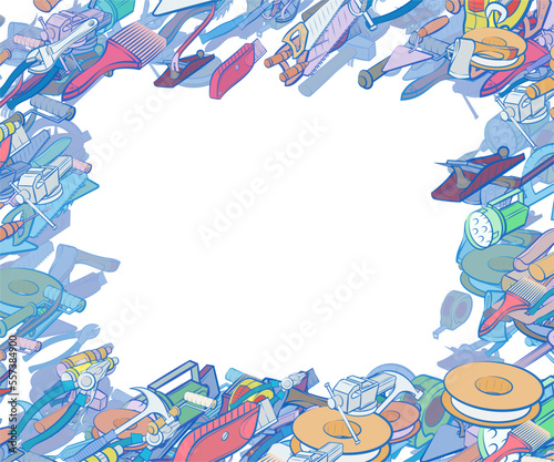 Background pattern abstract design texture. Building tools and Repair. Border frame, transparent background. Theme is about wooden handle, wiring, stationary, vice, paper cutter, wrench