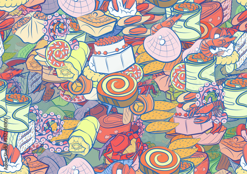 Background pattern abstract design texture. Seamless. Snacks and Seafood. Theme is about basket, tartlet, sea, onigiri, dough, octopus, sandwich, roll, satiety, cake, shell, spiral, cucumber roll