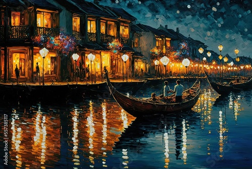 illustration with brush stroke texture, oil painting style, cityscape view inspired from Hoi An, Vietnam photo