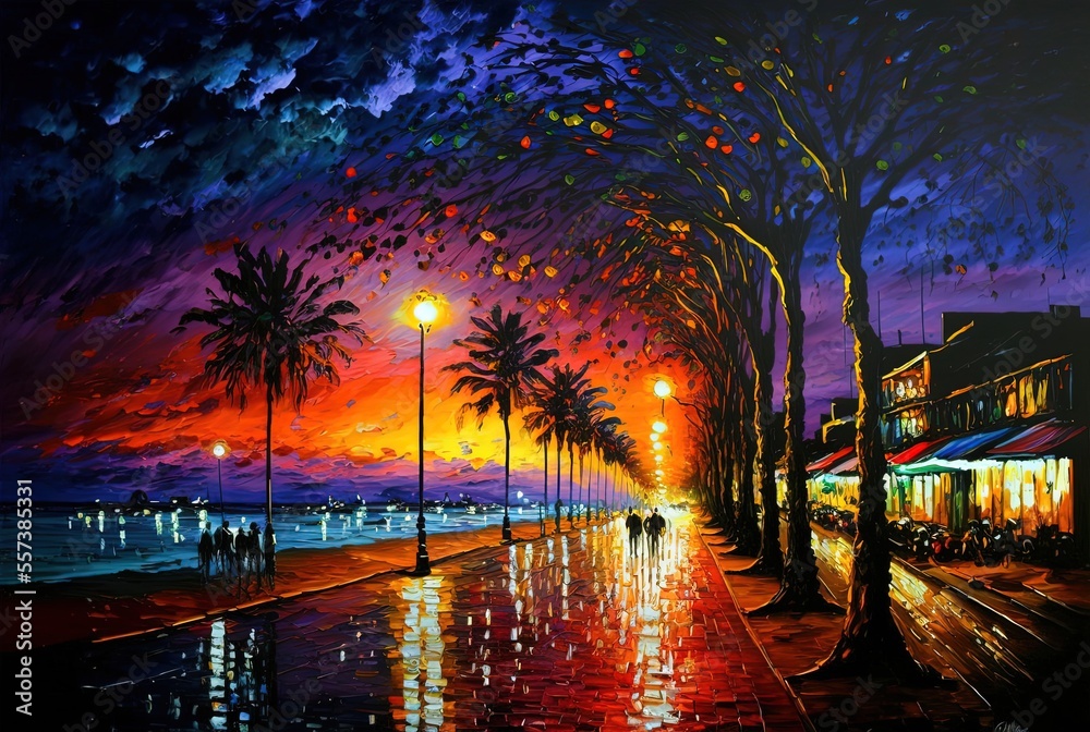 Naklejka premium illustration with brush stroke texture, oil painting style, cityscape view inspired from Nha Trang, Vietnam