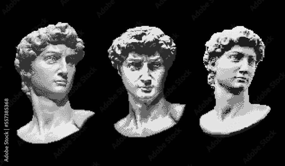 Head of statue, David sculpture bust illustration in pixel art style