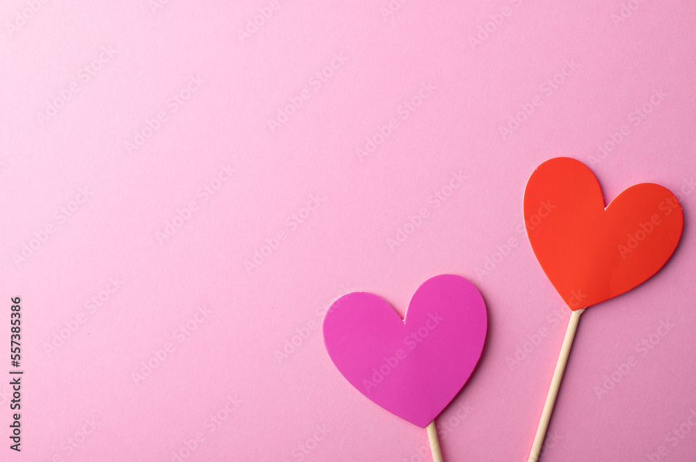 Two hearts on pink. Happy lovers day card mockup, copy space. Valentineâ€™s day holiday concept