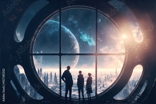 Fototapeta Naklejka Na Ścianę i Meble -  family viewing through window of futuristic space station in outer planet. generative ai