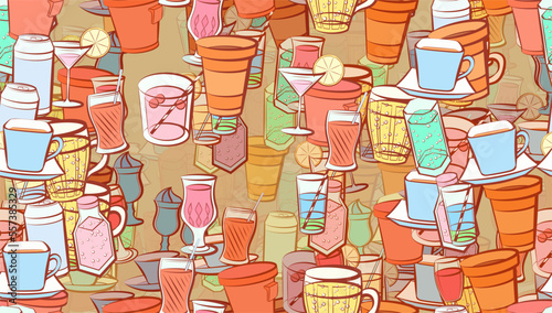 Background pattern abstract design texture. Seamless. Drinks. Theme is about soda can, compote, figured glass, ice cream, cherries, plastic, tea, cream, thread, Cup, cola, cardboard, wine