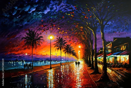 illustration with brush stroke texture, oil painting style, cityscape view inspired from Nha Trang, Vietnam