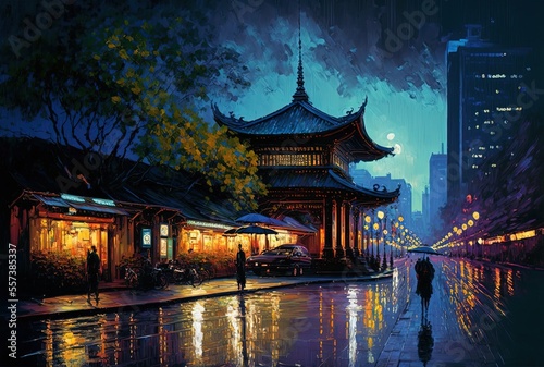 illustration with brush stroke texture, oil painting style, cityscape view inspired from Chengdu, China