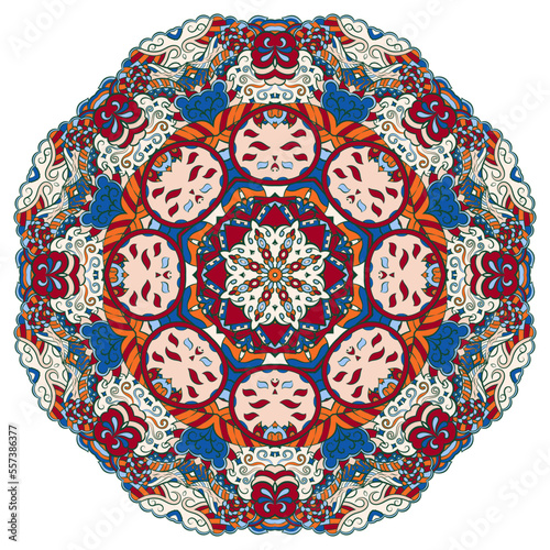 Mandala. Tracery wheel image. Mehndi design. Ethnic doodle art. Curved doodling picture. Vector