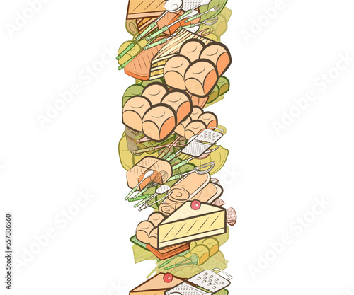 Background pattern abstract design texture. Bakery products and Cutlery. Vertical seamless stripe. Border frame, transparent background. Theme is about spatula, whisk, slice, waffles, lush