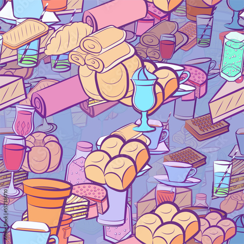 Background pattern abstract design texture. Seamless. Bakery products and Drinks. Theme is about cola, cheesecake, piece, strudel, bottle, mini buns, figured glass, plastic, bubbles, Cup