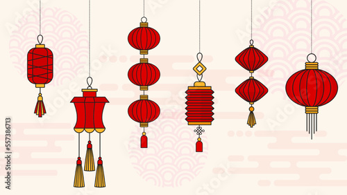Chinese red lantern set. Hanging paper lamps. Chinese New Year.