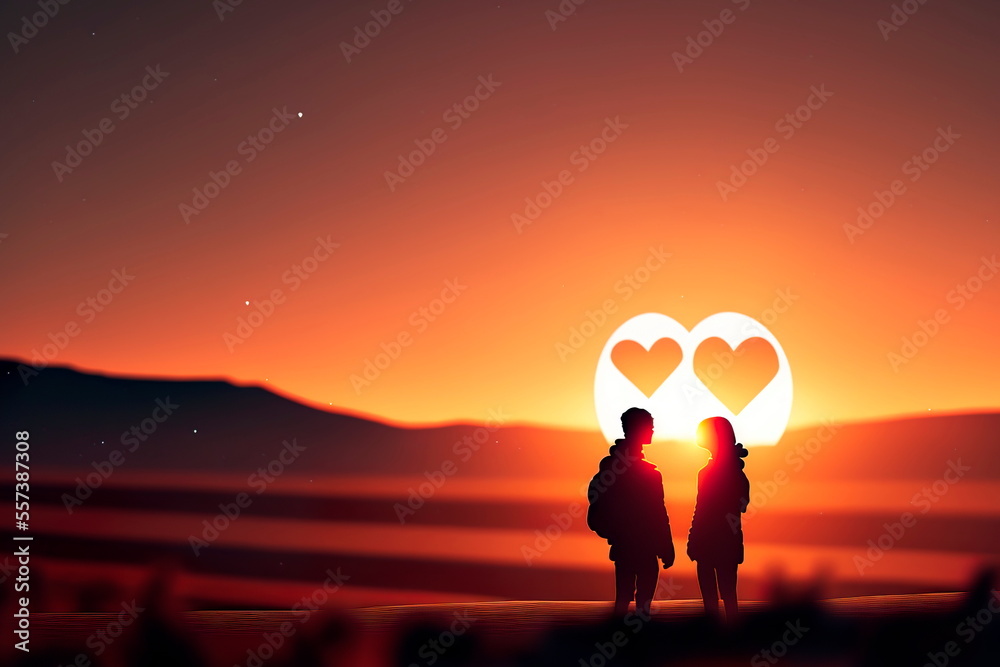 Loving couple hugging on the lake at sunset. Beautiful young couple in love