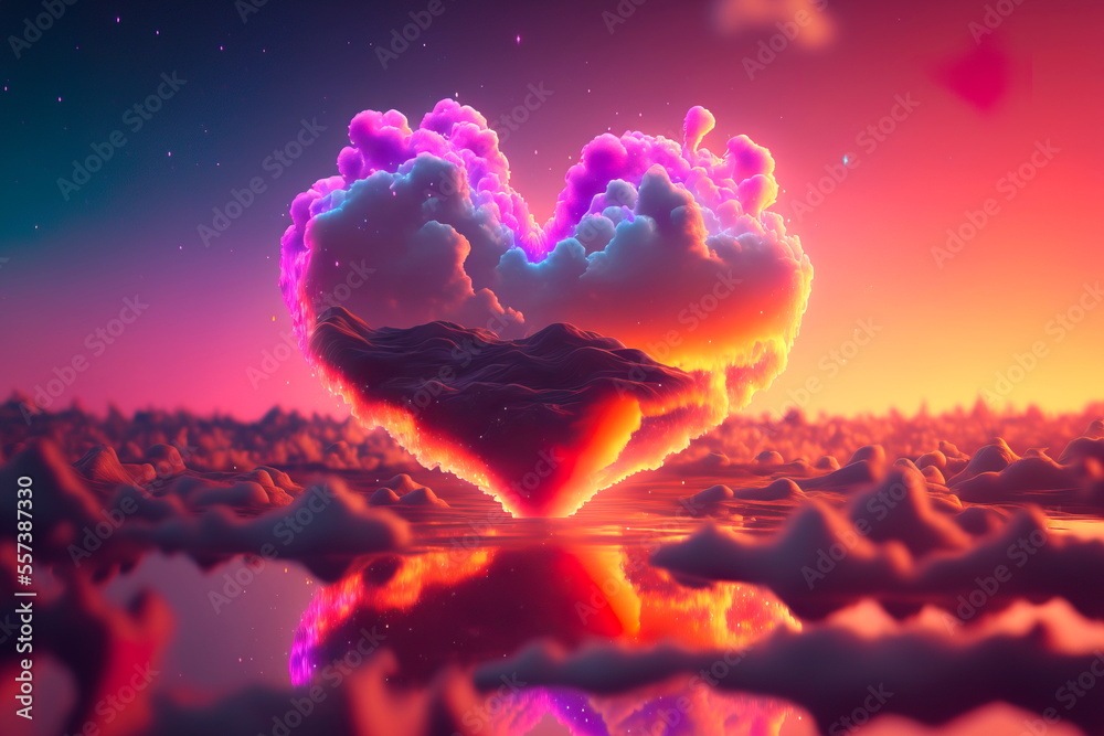 Pink sky in the shape of a heart at sunset. Beautiful landscape with road and clouds. Pink sky in the shape of a heart at sunset. Beautiful landscape with road and clouds.