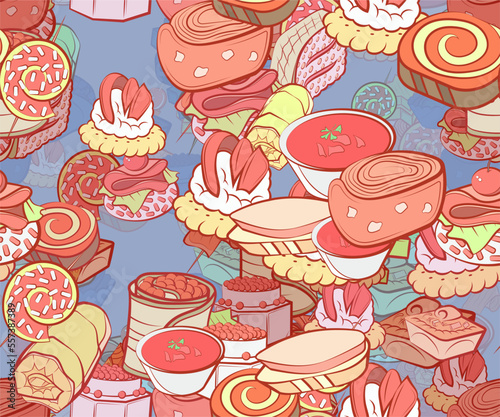 Background pattern abstract design texture. Seamless. Snacks. Theme is about soup, stick, cherry, twisted, dough, sweetness, sugar, basket, spiral, slice, meat, sandwich, crab meat, strung up