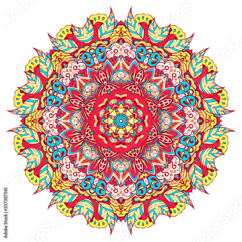 Mandala. Tracery wheel image. Mehndi design. Ethnic doodle art. Curved doodling picture. Vector photo