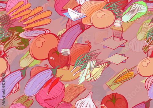 Background pattern abstract design texture. Seamless. Health food and Table setting. Theme is about eggplant, washed, cooking, cucumbers, whole onion, pods, plate, holes, the harvest, squares