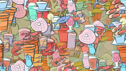 Background pattern abstract design texture. Seamless. Seafood and Drinks. Theme is about drinking straw, kvass, aluminum, oceanic, filling, Martini, ice cream, wine, saucer, soda, thread