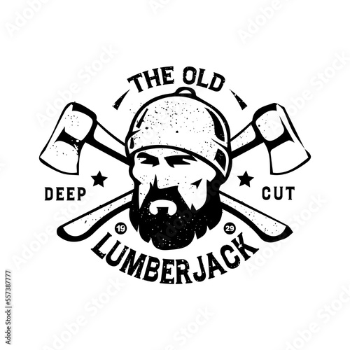 Lumberjack skull illustration.  Woodworkers festival poster template. Shirt design on white background.