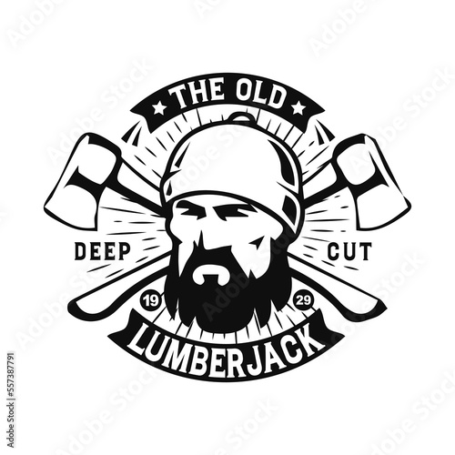 Lumberjack skull illustration.  Woodworkers festival poster template. Shirt design on white background.