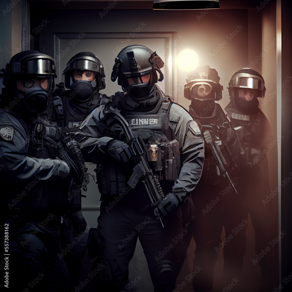 Non city-specific SWAT team in full riot gear preparing, Fast response unit in full gear, generative ai