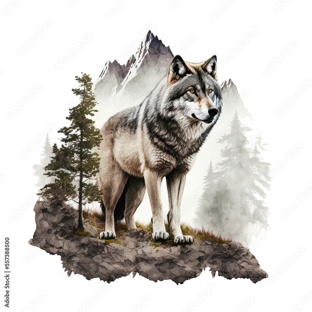 Fototapeta wolf in the wilderness visualization on isolated background