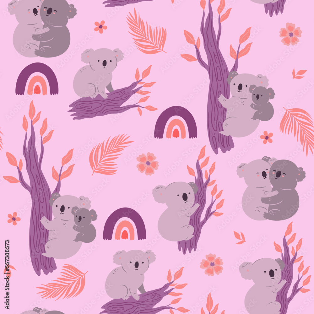Fototapeta premium Seamless pattern with cute koalas, rainbows and leaves. Vector graphics.