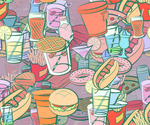 Background pattern abstract design texture. Seamless. Drinks and American food. Theme is about topping, drinking straw, kvass, meat, stripes, citrus, compote, alcohol, waffles, Cup, cardboard