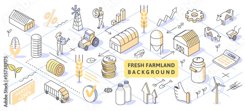 Farm Isometric Concept. Use for web page, banner, infographics. Flat illustration editable line. Country background