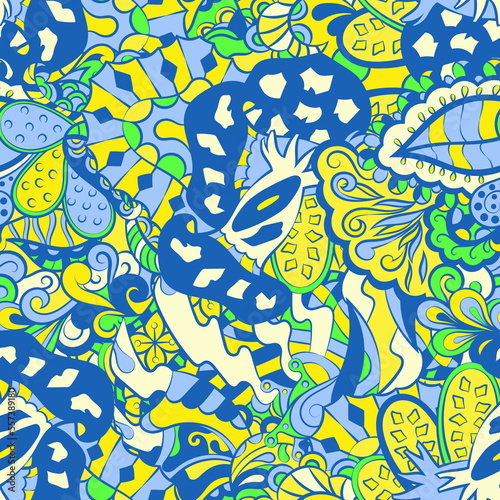 Tracery seamless pattern. Mehndi design. 6 colors. Ethnic doodle texture. Curved doodling background. Vector