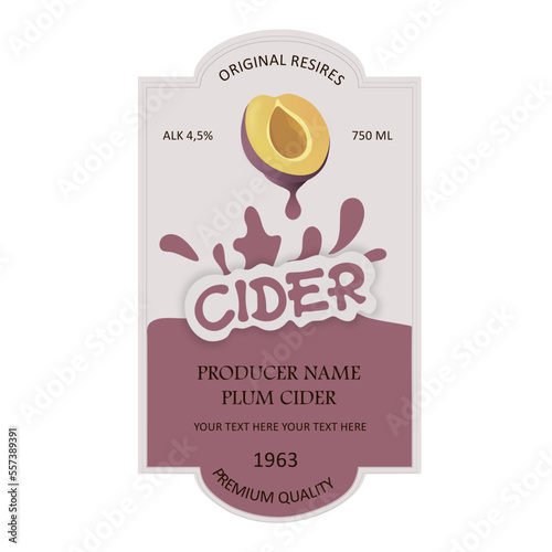 Label for cider in a square frame with a plum.