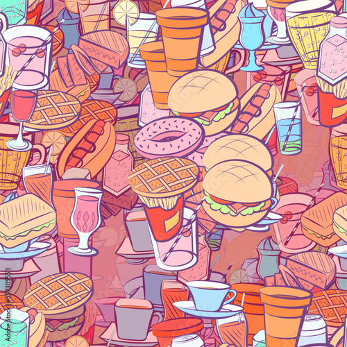 Background pattern abstract design texture. Seamless. American food and Drinks. Theme is about sausage, donut, kvass, Hot Dog, waffles, cola, plastic, aluminum, American cake, tea, alcohol