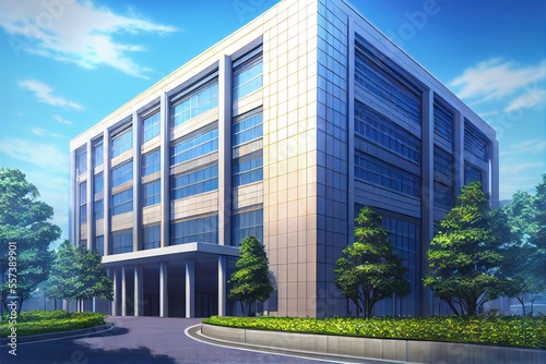 Modern Office Building - Generative AI image of a sleek and professional office building with modern architecture made perfect for video backgrounds in animation and live-action © Brian