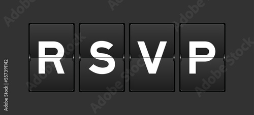 Black color analog flip board with word RSVP (Abbreviation of French word répondez s'il vous plaît) on gray background