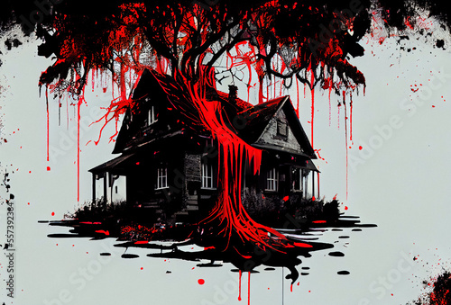 Old house of horror. Black and white with red blood splatters.  
Digitally generated AI image. 