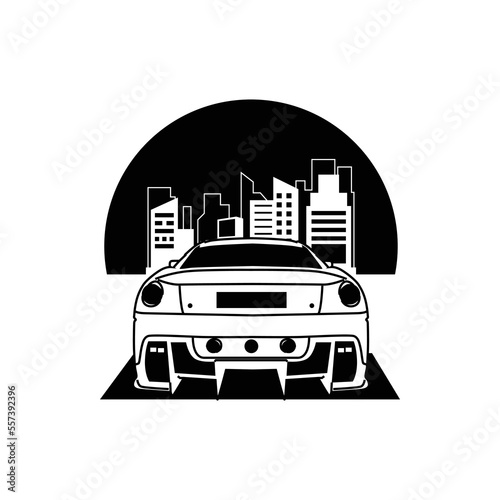 Illustration silhouette sport car with city building design