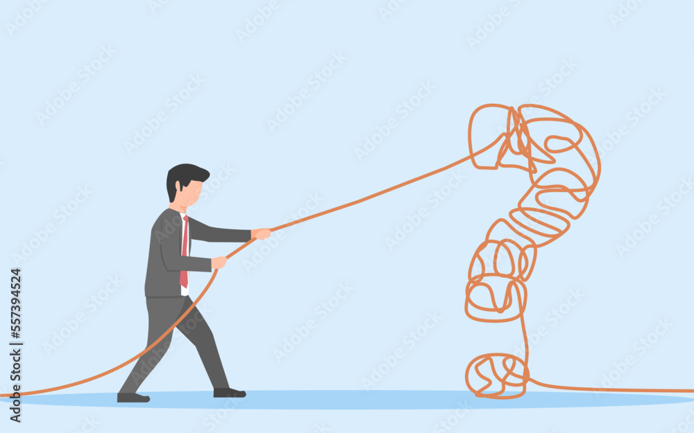 PROBLEM SOLVING CONCEPT. A BUSINESSMAN PULLING OUT A TANGLED ROPE.VECTOR ILUSTRATION OF FINDING SOLUTION FOR COMPLICATED PROBLEM
