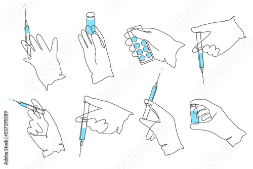Wallpaper Mural Medical set.Gloved hands holding syringe,test tube and pillss,one line art,continuous drawing contour.Coronavirus vaccination,health care injection,laboratory analysis,substance solution.Editable Torontodigital.ca